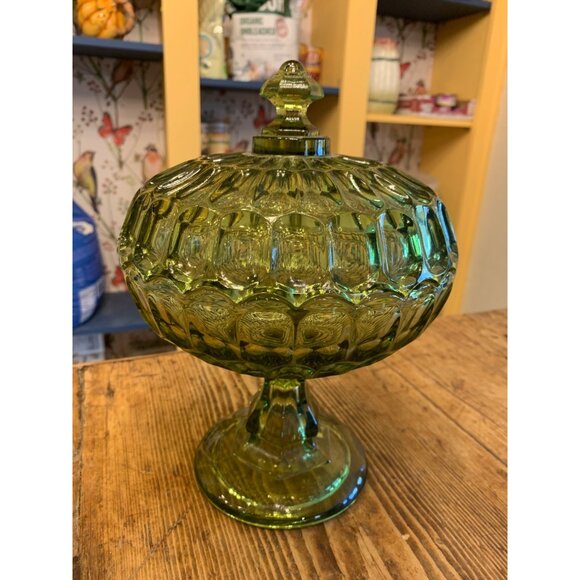 Rare Large Vintage 60s Green Fenton Glass Dish Pedestal Facet Covered 6975 - Picture 2 of 13